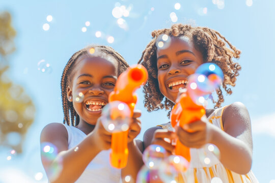 Two joyful African American girls playing with bubble guns under a sunny sky, with soap bubbles floating around them