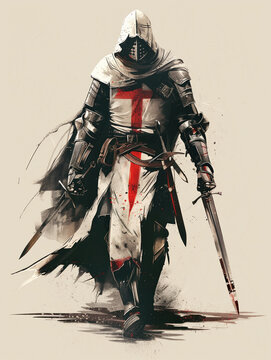 A medieval templar knight, crusader walking with a sword, Cross Armour illustration drawing.