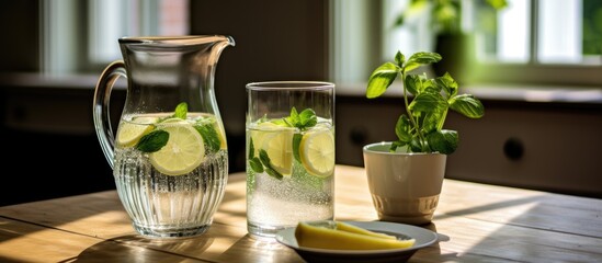 There are two glasses of water and a pitcher of lemonade placed on a table - Powered by Adobe