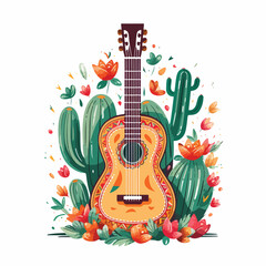 Mexican party poster with guitar and cactus. Latino