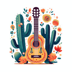 Fototapeta na wymiar Mexican party poster with guitar and cactus. Latino