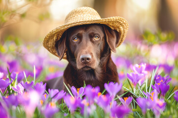  Labrador retriever dons a stylish straw hat, sitting amidst a lively field of purple crocuses. The...