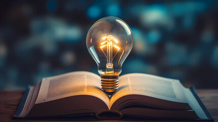 Light bulb and open book, concept of new ideas, knowledge