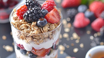 Nutty Granola Parfait A cinematic view of a nutty granola parfait layered with dairy-free yogurt fresh berries and a drizzle of  AI generated illustration