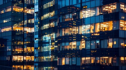 Pattern of office buildings windows illuminated at night Glass architecture corporate building at night - business concept Blue  AI generated illustration