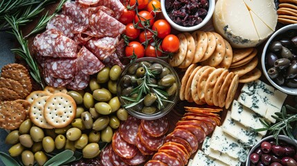 Plant-Based Charcuterie Platter A cinematic view of a plant-based charcuterie platter featuring an assortment of vegan cheeses   AI generated illustration - obrazy, fototapety, plakaty