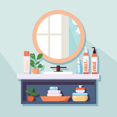 Mirror in bathroom with hygiene accessories on shel