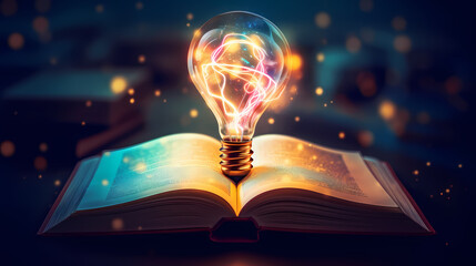 Light bulb and open book, concept of new ideas, knowledge