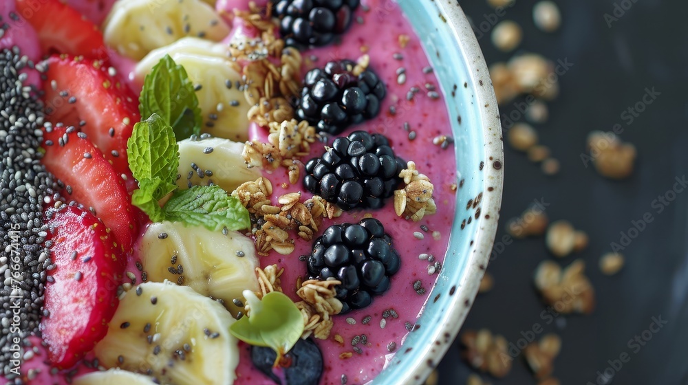 Poster Smoothie Bowl Bliss A professional close-up of a nutrient-packed smoothie bowl topped with an array of colorful fruits nuts see  AI generated illustration