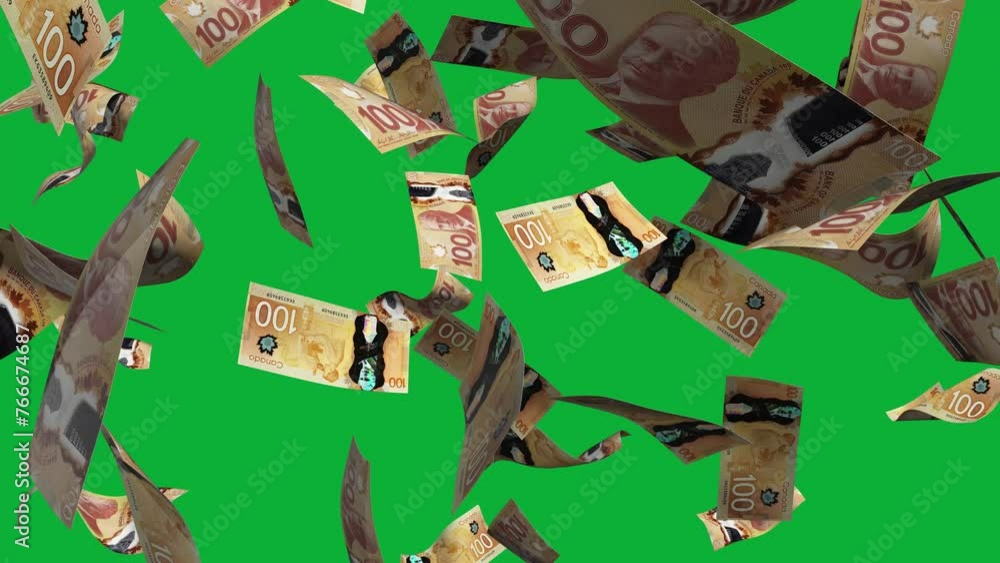 Poster 3d animation of canadian dollar notes falling on green screen. you can remove the background by keyi