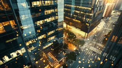 The bustling energy captured in a cinematic view of a business district    AI generated illustration - obrazy, fototapety, plakaty