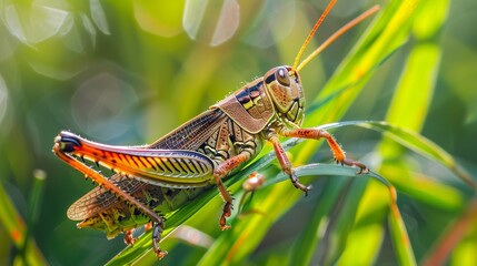 Fototapeta premium The delicate beauty of a grasshopper perched on a blade of grass AI generated illustration