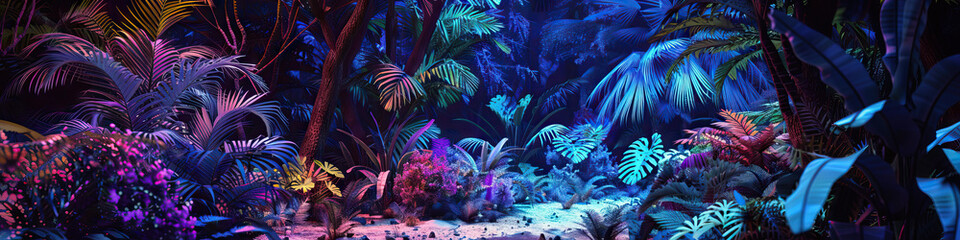Cybernetic Jungle Stage: Futuristic jungle with this high-tech stage, featuring neon foliage, holographic animals, and augmented reality projections, blending the natural world with advanced 