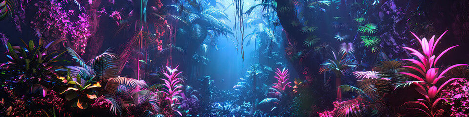 Fototapeta na wymiar Cybernetic Jungle Stage: Futuristic jungle with this high-tech stage, featuring neon foliage, holographic animals, and augmented reality projections, blending the natural world with advanced 