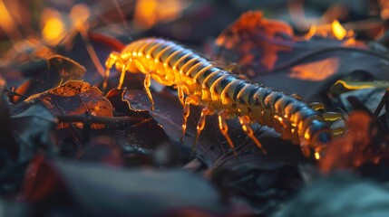 The mesmerizing details of a centipede crawling through leaves   AI generated illustration - obrazy, fototapety, plakaty