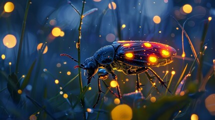 The mesmerizing details of a firefly lighting up the night    AI generated illustration - obrazy, fototapety, plakaty
