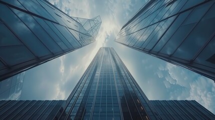 The perspective of looking up towards a business tower in a cinematic view    AI generated illustration
