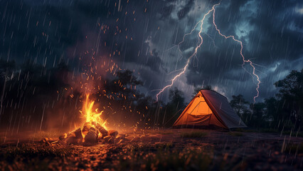 A Campfire’s Glow Against the Raging Storm - obrazy, fototapety, plakaty