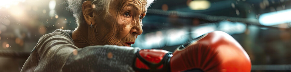 Retired Senior Grandmother Older Woman With Boxing Gloves in Indoor Gym. Sweaty Practicing and Training for a Fight. Punching Bag. Concept of Determination, Fighter, Boxer, Workout, and Train.  - obrazy, fototapety, plakaty