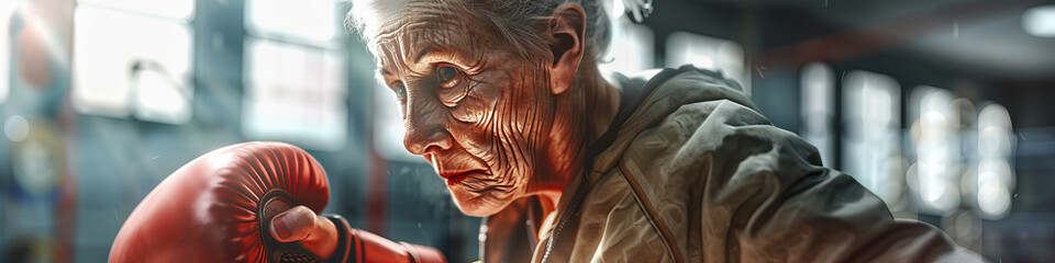 Obraz premium Retired Senior Grandmother Older Woman With Boxing Gloves in Indoor Gym. Sweaty Practicing and Training for a Fight. Punching Bag. Concept of Determination, Fighter, Boxer, Workout, and Train. 