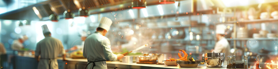 Blurry restaurant kitchen background. Active chefs working. Concept of Culinary chaos, busy kitchen, restaurant ambiance, kitchen staff, professional chefs, culinary teamwork, fast-paced environment.