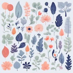 A collection of seamless pattern, colorful abstract plants and flowers. Hand drawn Collection of leaves and flowers. A close up of a pattern of flowers and leaves.
