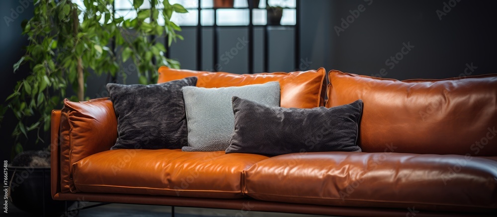 Poster a detailed view of a comfortable sofa showcasing a set of two soft throw pillows resting elegantly o