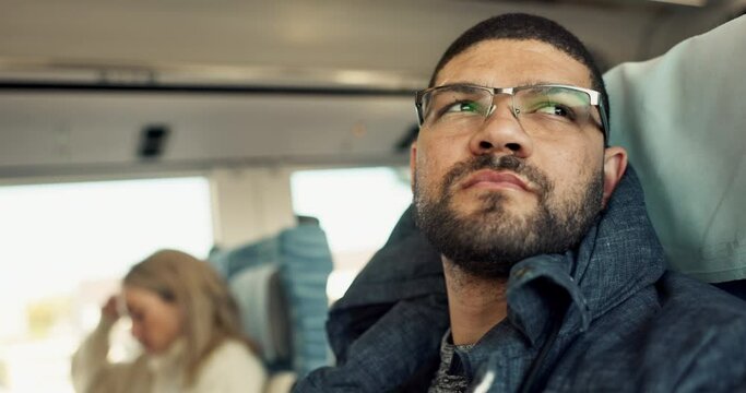 Thinking, idea and young man on a train for public transportation for sightseeing in the city. Reflection, memory and male person from Mexico commuting for weekend trip or holiday in urban town.