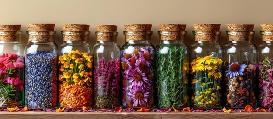 Jars with dry herbs and flowers on a beige background - obrazy, fototapety, plakaty