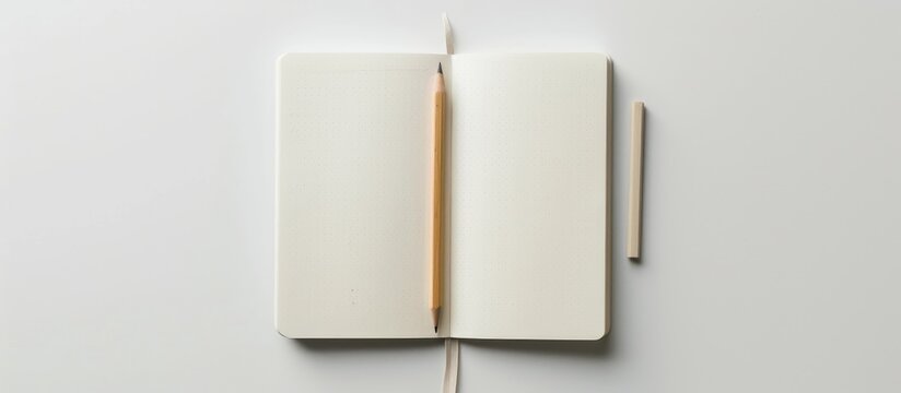 Design concept featuring a top-down view of a white notebook with an elastic band, blank page, and a wooden pencil on a white background for mockup purposes. The image is a real photograph, not a .