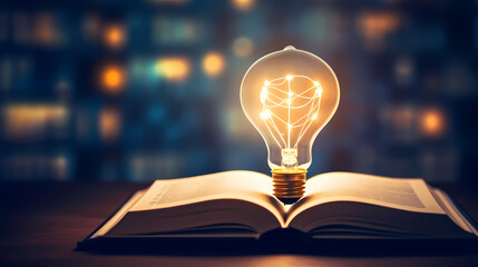 Glowing light bulbs on textbooks illuminate everything, learning and education concept