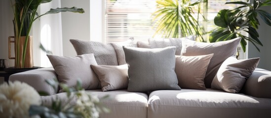 Capture a detailed view of a comfortable couch featuring decorative pillows and a delicate vase filled with fresh flowers