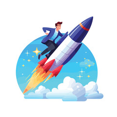 Office man is flying on a rocket. Metaphor of succe