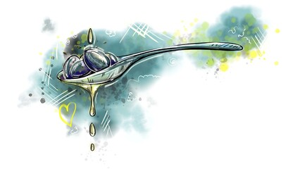 Hand drawn sketch watercolor illustration of olive oil, drop, spoon. Elements in style label, sticker, menu, package.