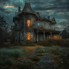 Mysterious Haunted House at Twilight with Eerie Glow
