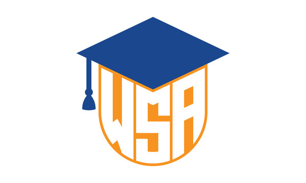 WSA initial letter academic logo design vector template. school college logo, university logo, graduation cap logo, institute logo, educational logo, library logo, teaching logo, book shop, varsity