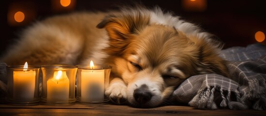 An arafed dog comfortably laying on a soft blanket next to a flickering lit candle