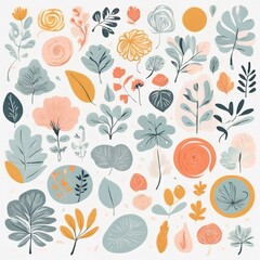 A collection of seamless pattern, colorful abstract plants and flowers. Hand drawn Collection of leaves and flowers. A close up of a pattern of flowers and leaves.
