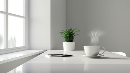 Minimalist workspace with a steaming cup of coffee, a potted plant, and a notebook on a white desk by a sunlit window. A clean, minimalist desk with a laptop, a potted plant, and a coffee cup.