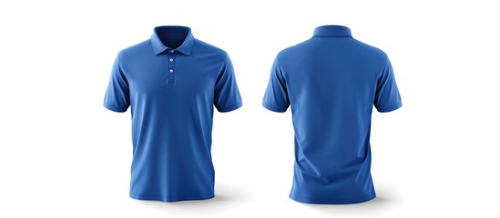 Blank shirt template in collared style, displayed in front and back views against a white background. Plain blue t-shirt mockup provided for showcasing polo tee designs intended for printing. - obrazy, fototapety, plakaty