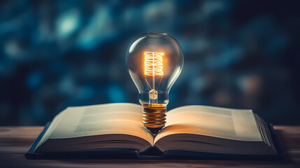 Glowing light bulbs on textbooks illuminate everything, learning and education concept