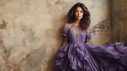 Indoor mid-length portrait of beautiful model in an old room and wearing a lavendar or purple dress.