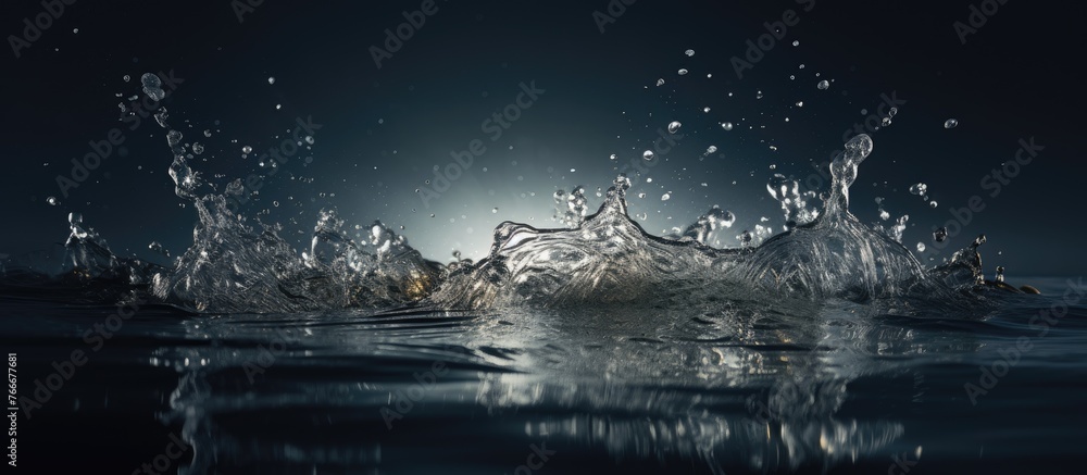 Poster a close-up view of a water droplet creating a splash on a smooth surface