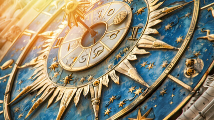 Antique Blue and Gold Clock with Cosmic Symbolism