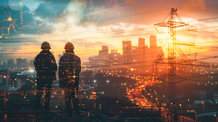 Workers Overlooking Futuristic City at Sunset - obrazy, fototapety, plakaty