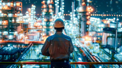Industry Worker Observing Oil Refinery at Night