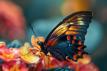 Beautiful butterfly on flower petals in colorful and highly detailed illustration. It can be used in lessons about insects, flowers, nature in books or use as wallpaper mobile phone screen, computer. - obrazy, fototapety, plakaty
