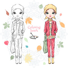 Vector Coloring Book of cute fashion girl in autumn clothes - 766678604