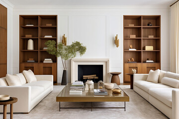 Obraz premium Art deco interior design of modern living room, home with fireplace and bookcases.