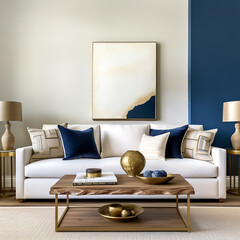 Art deco interior design of modern living room, home with blue wall.